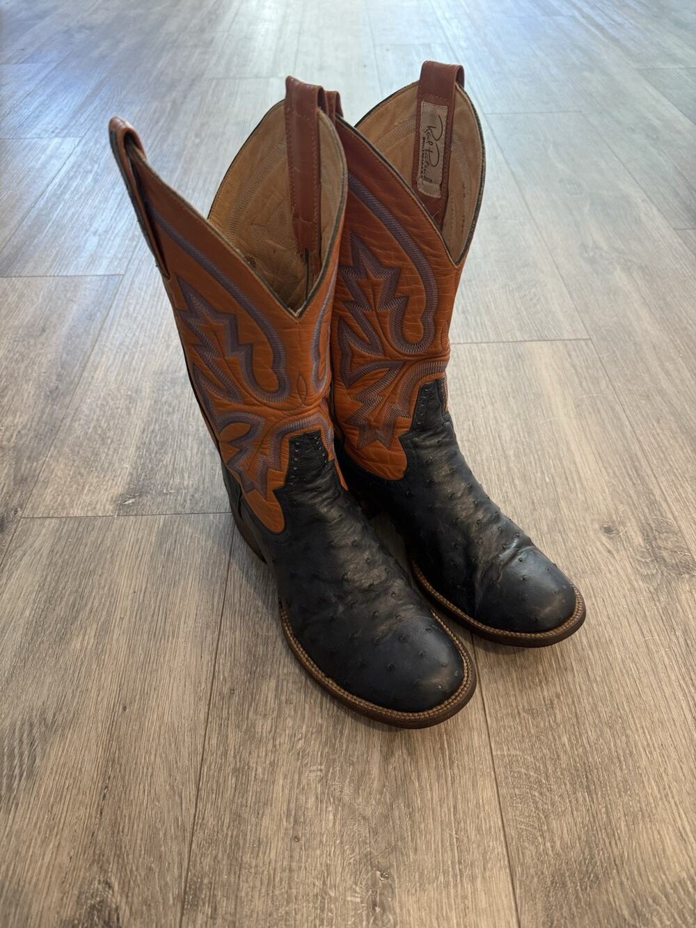 Rod Patrick Bootmakers Women Size 7B Full Quill Ostrich Cowboy Boots Blue Tan